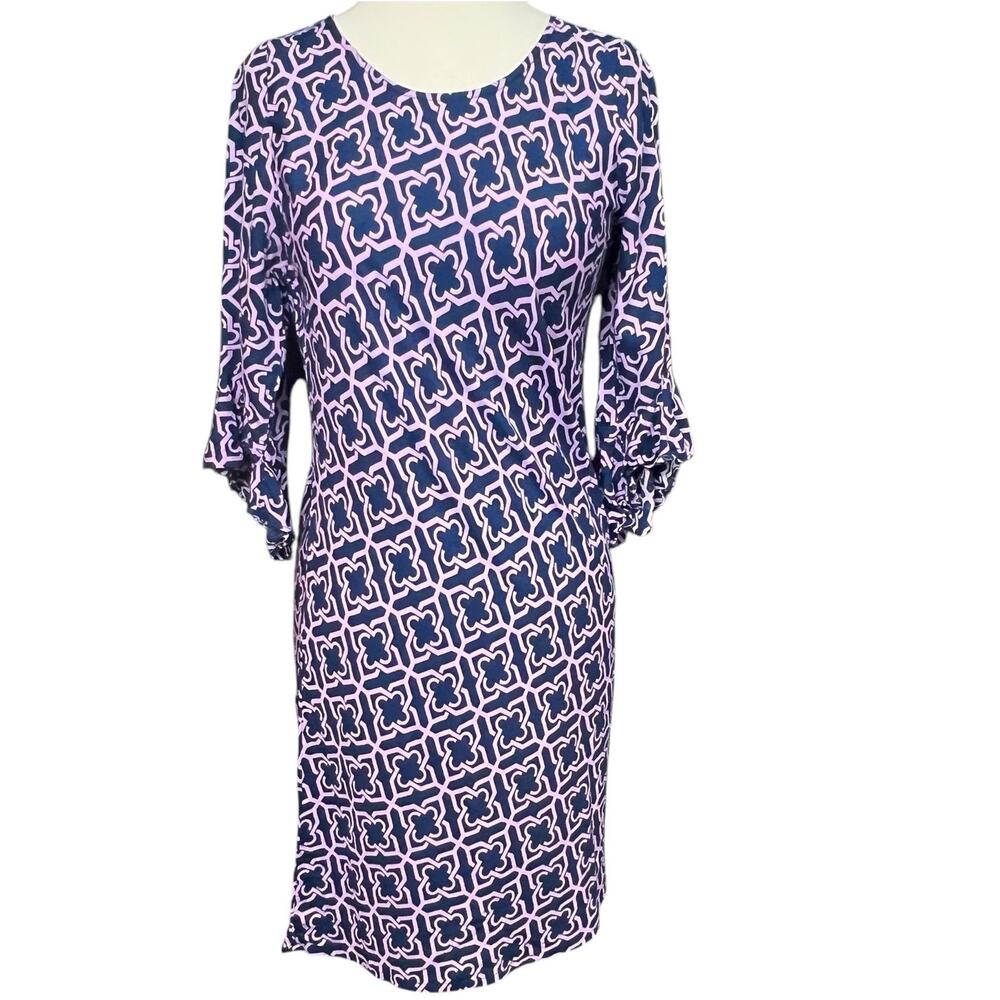 Escapada‎ Shift Dress Womens XS Blue Purple Geometric Ruffle 3/4 Timeless Resort